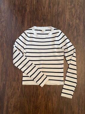 Striped Fitted Crewneck Sweater - White with Black Stripes